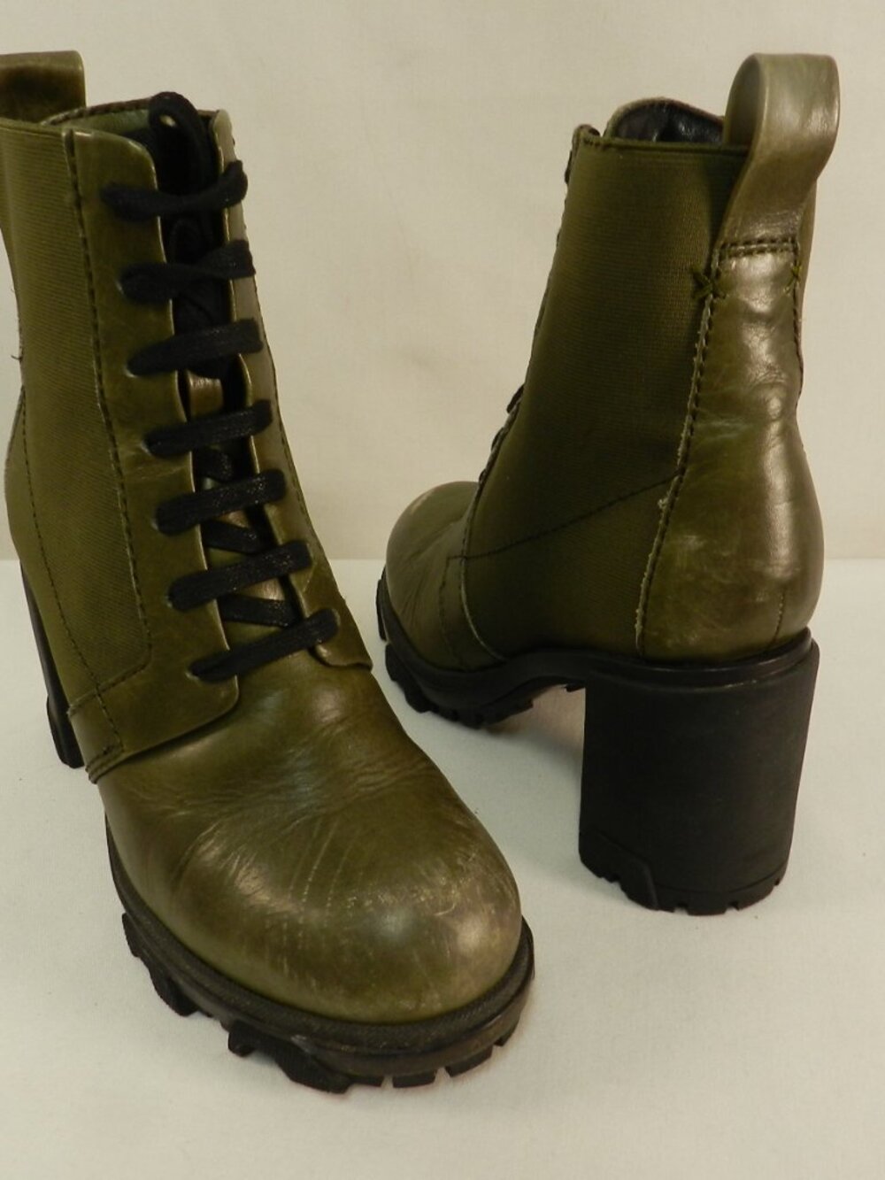 Rag & Bone Shaye Leather Combat mid calf Lug lace up olive boots Sz 37.5 US 7.5